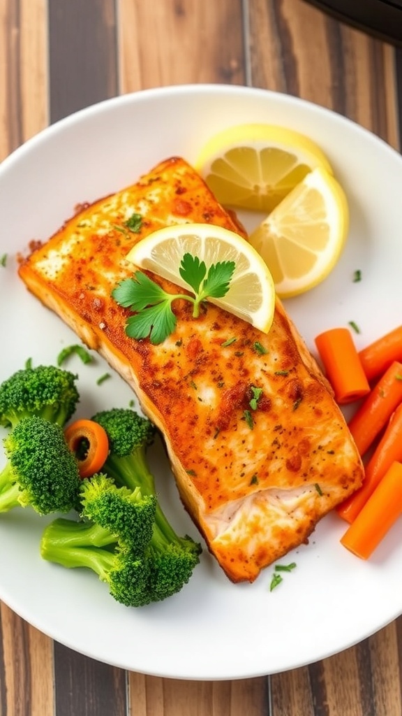 Kid-Friendly Air Fryer Salmon Recipe Air fryer salmon fillet garnished with parsley and lemon wedges, served with steamed vegetables.